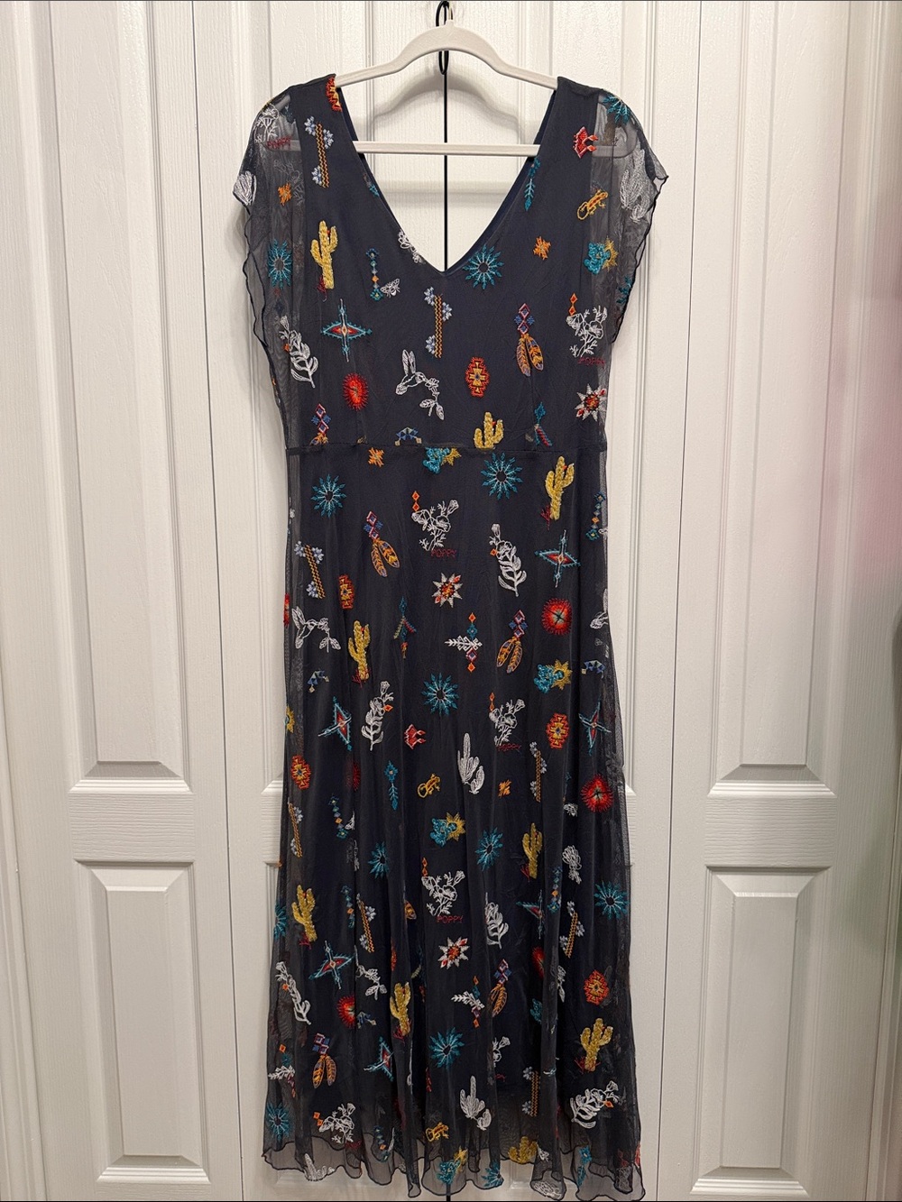 Johnny Was Black Maxi Dress with Colorful Southwestern Embroidery